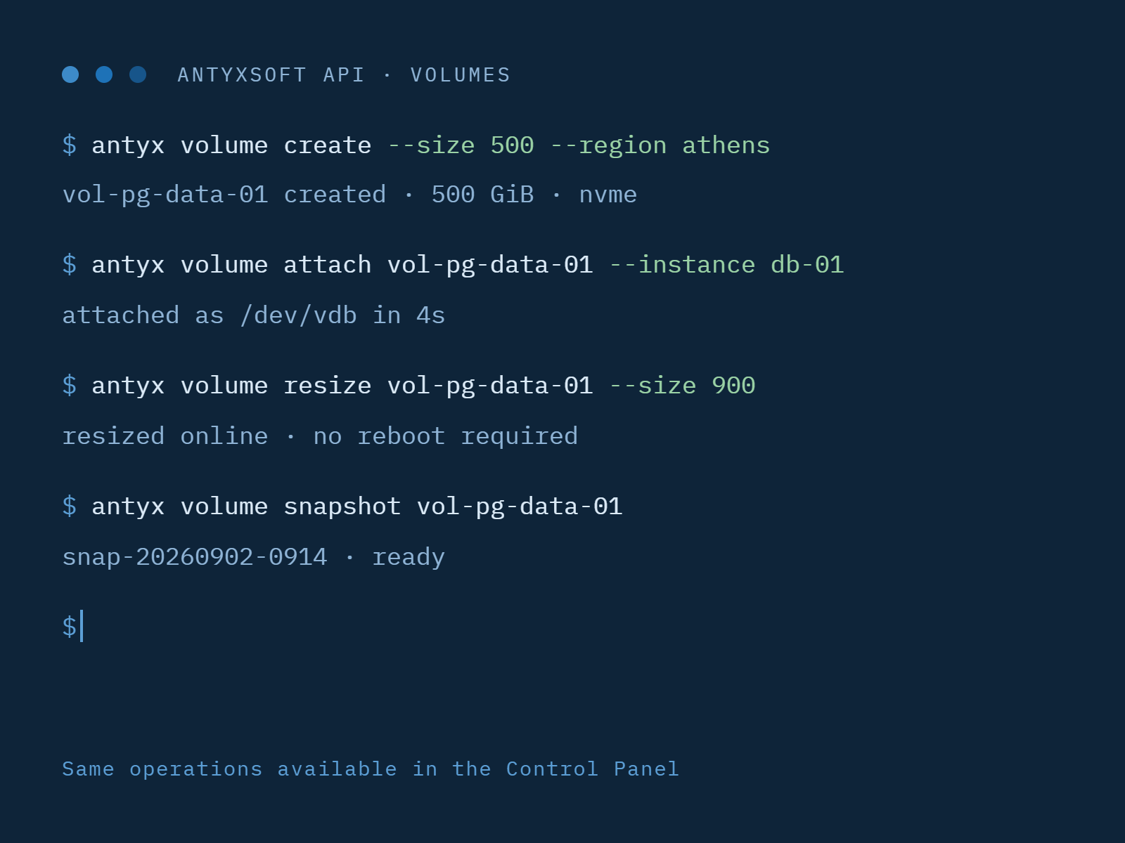 Command line creating, attaching, resizing and snapshotting an Antyxsoft volume