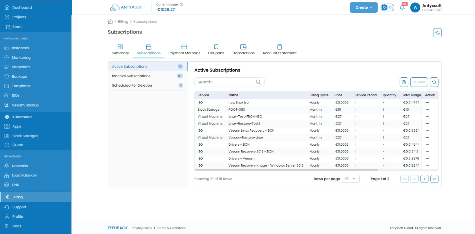 Subscription, payment and invoice history for an account in the Antyxsoft control panel