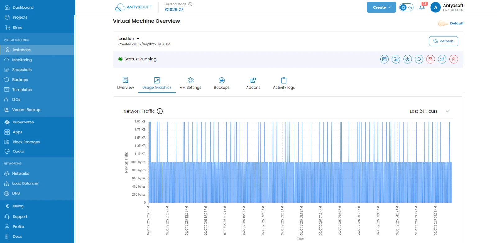 Live CPU, memory and network throughput graphs for a single instance in the Antyxsoft control panel